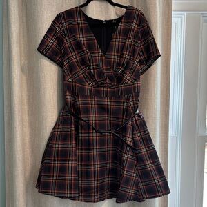 Size 14 Torrid Retro chic surplice mini dress fall plaid black purple orange NWT